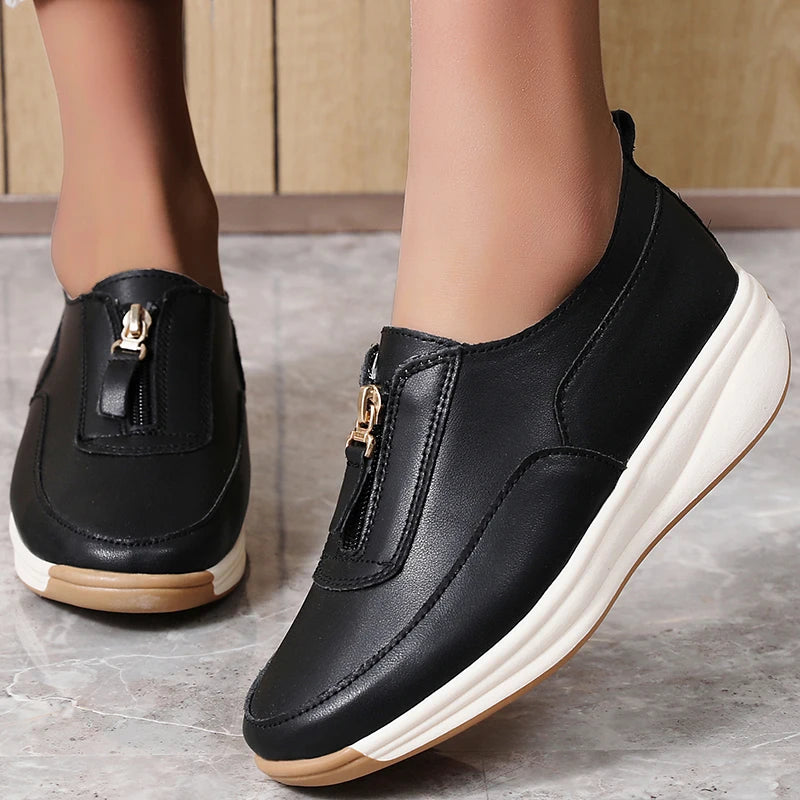 Women's Split Leather Loafer Flats — Zip Closure, Wedge Sole, Round Toe, Casual Everyday Shoe - Zenflow Active