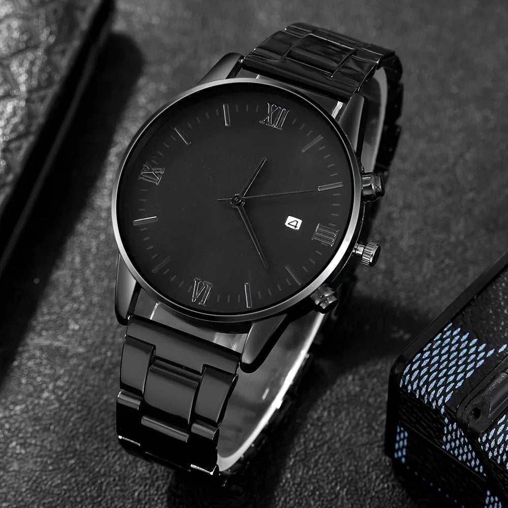 4-piece/set men's black minimalist quartz watch set with bracelet, necklace, and ring - Zenflow Active