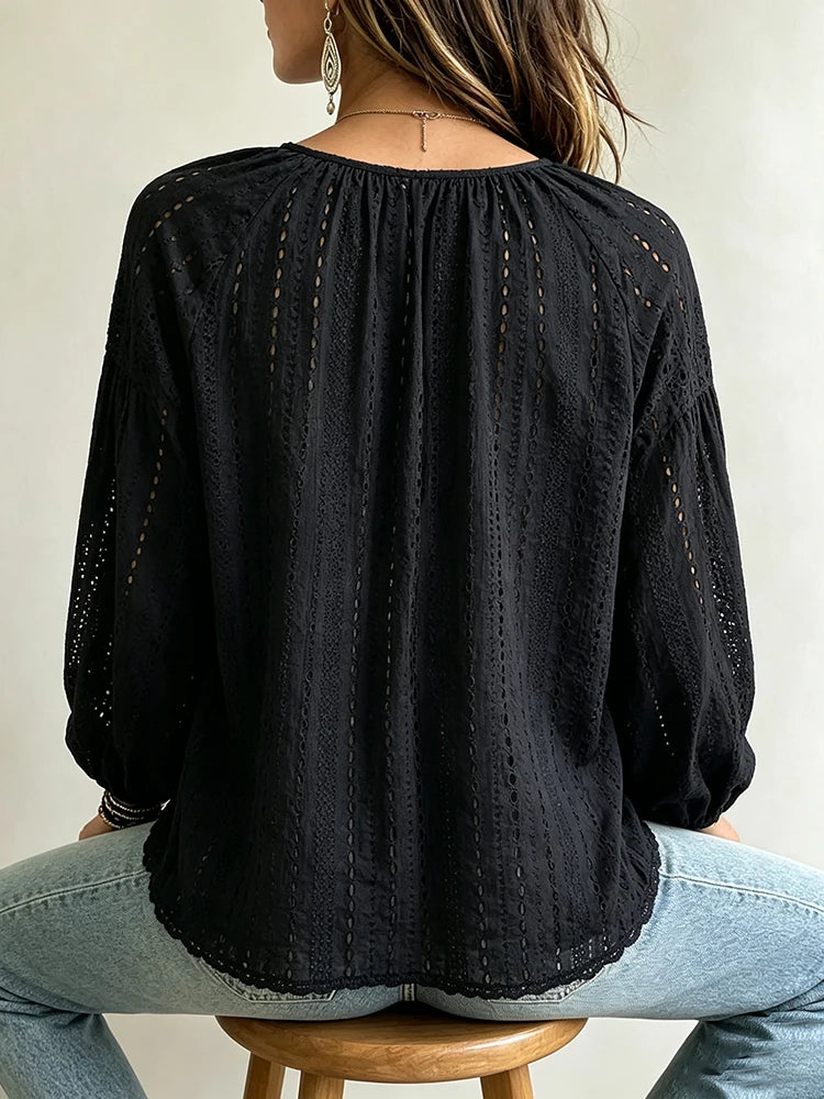 Women's Embroidered Hollow-Out Long Sleeve Shirt - Zenflow Active