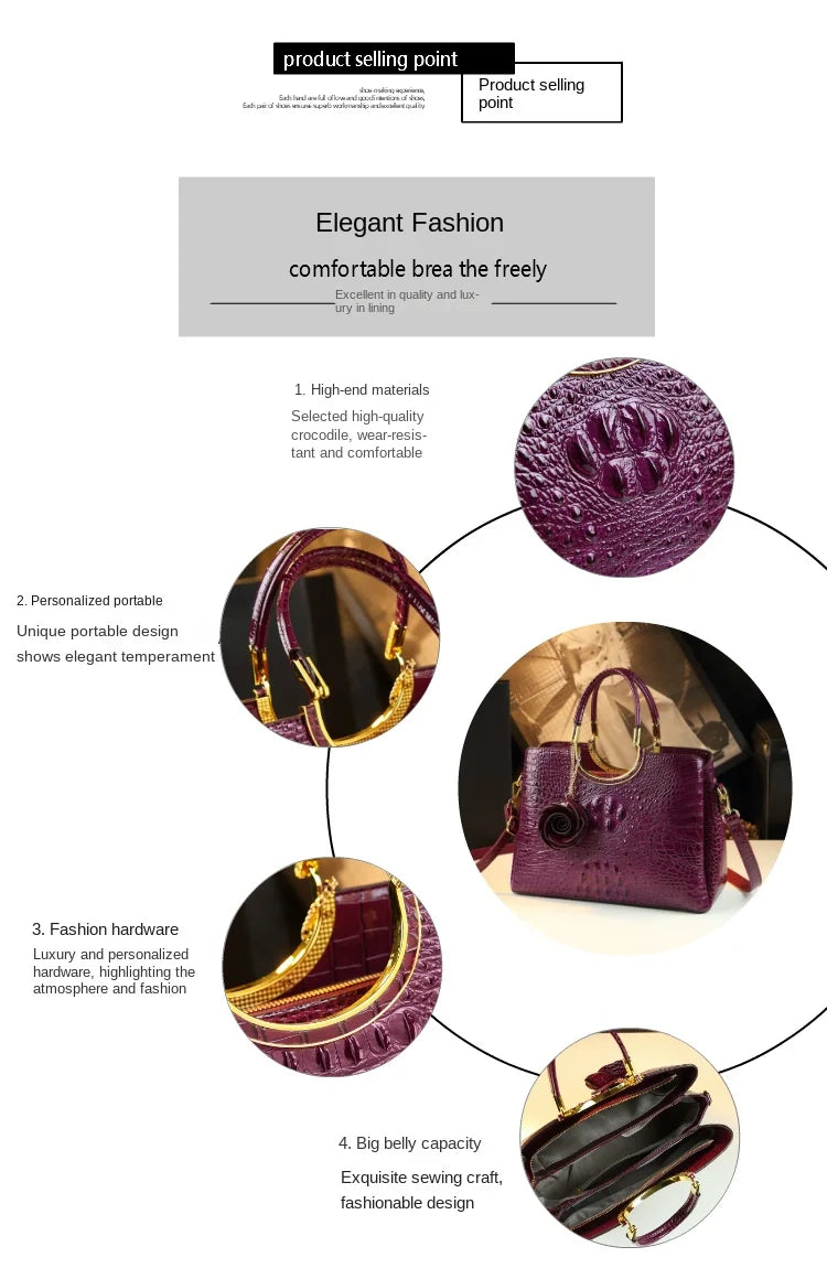 Genuine Leather Women's Handbags Crocodile Pattern Lady Flower Tassel Shoulder Bag - Zenflow Active