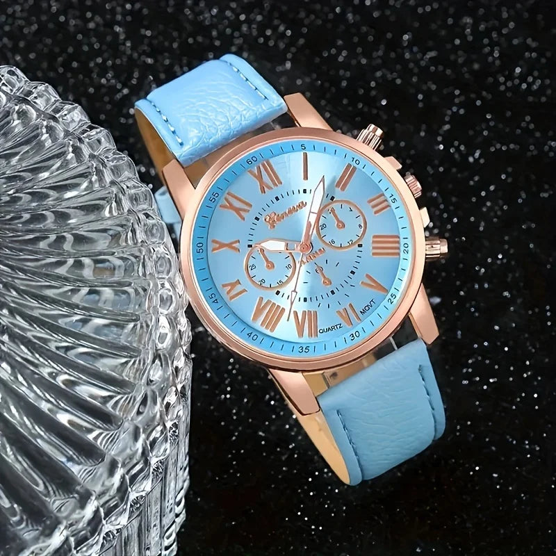 Fashion quartz watch and jewelry set, shock resistant circular analog digital display, PU leather strap, zinc alloy case - Zenflow Active