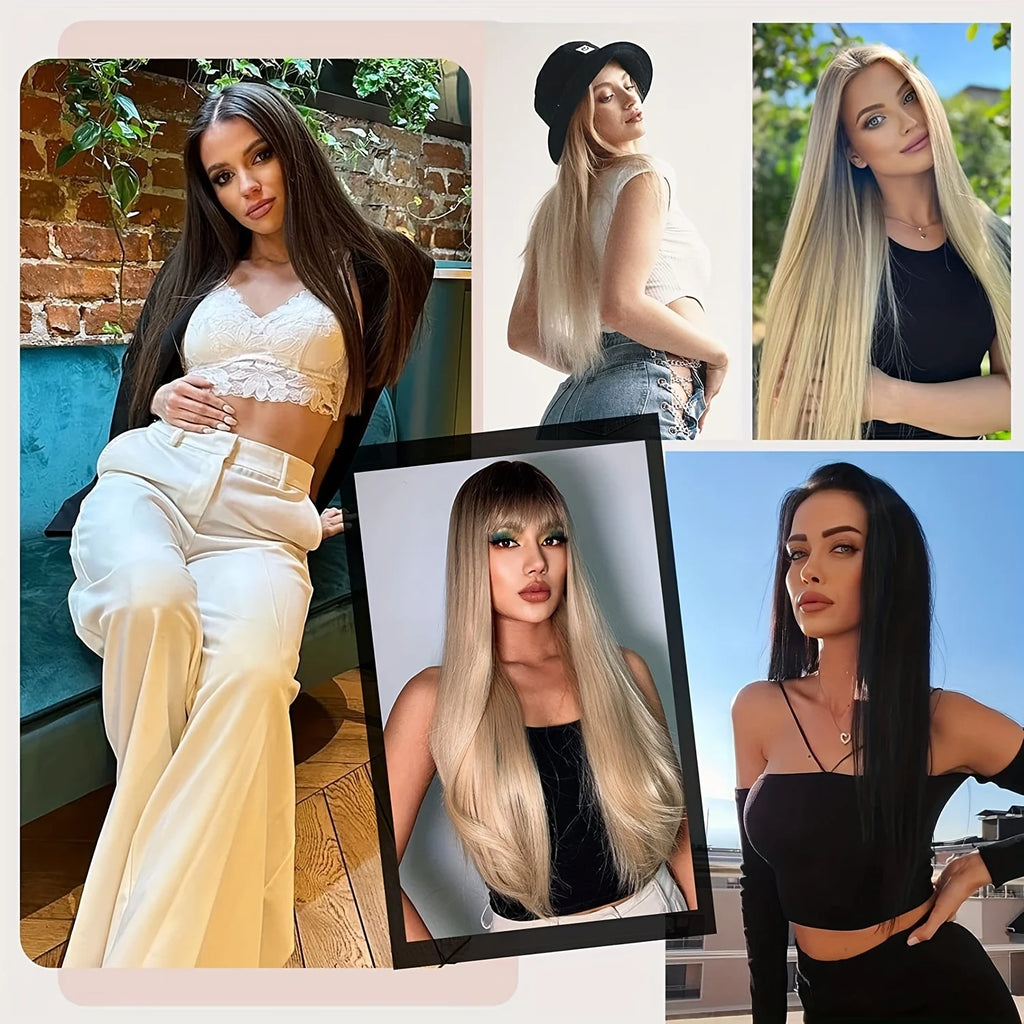 16 Clips in Hair Extensions 24Inchs Long Straight Hairstyle Synthetic Blonde Black Hairpieces Heat Resistant Fake Hair 6Pcs/Set - Zenflow Active