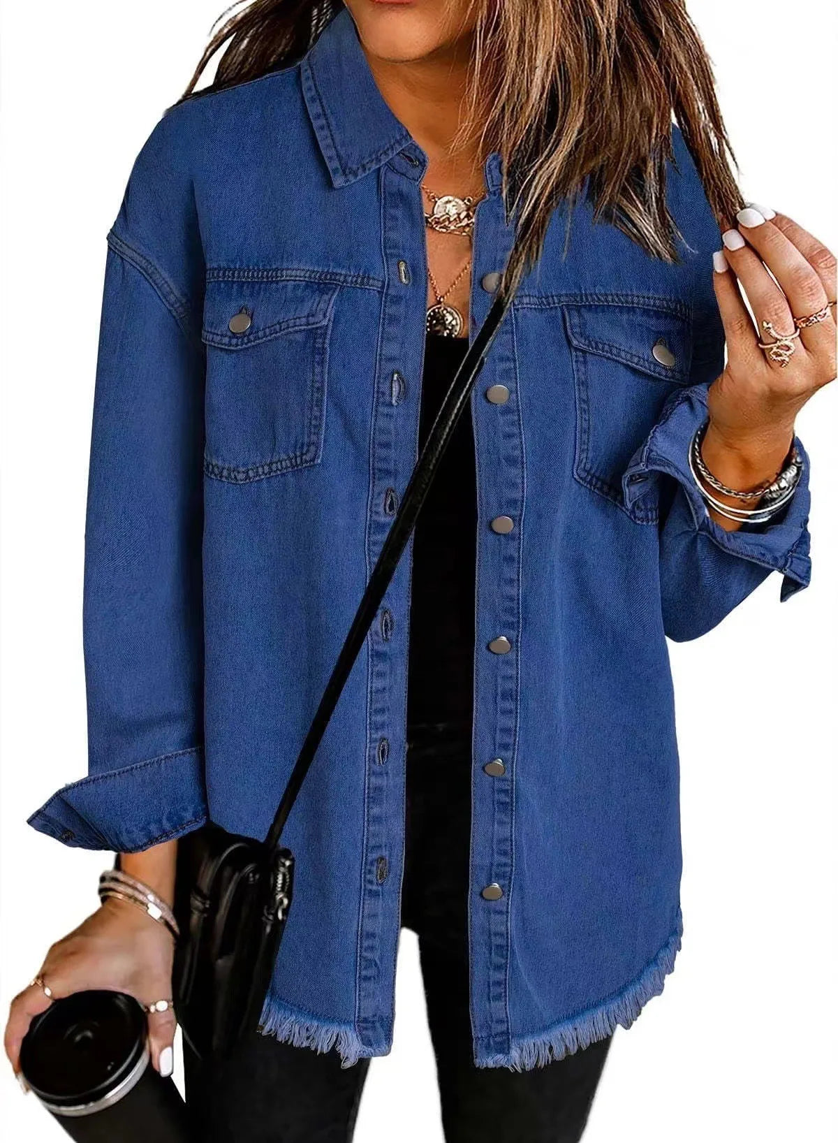 Women’s Distressed-Hem Long Denim Shirt Jacket Zenflow Active
