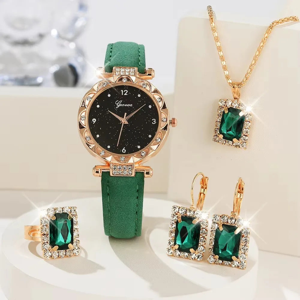Womens Watches 5Pcs Set Luxury Rhinestone Women Fashion Elegant Wristwatch Quartz Watch For Girl WristWatch Bracelet Gift - Zenflow Active
