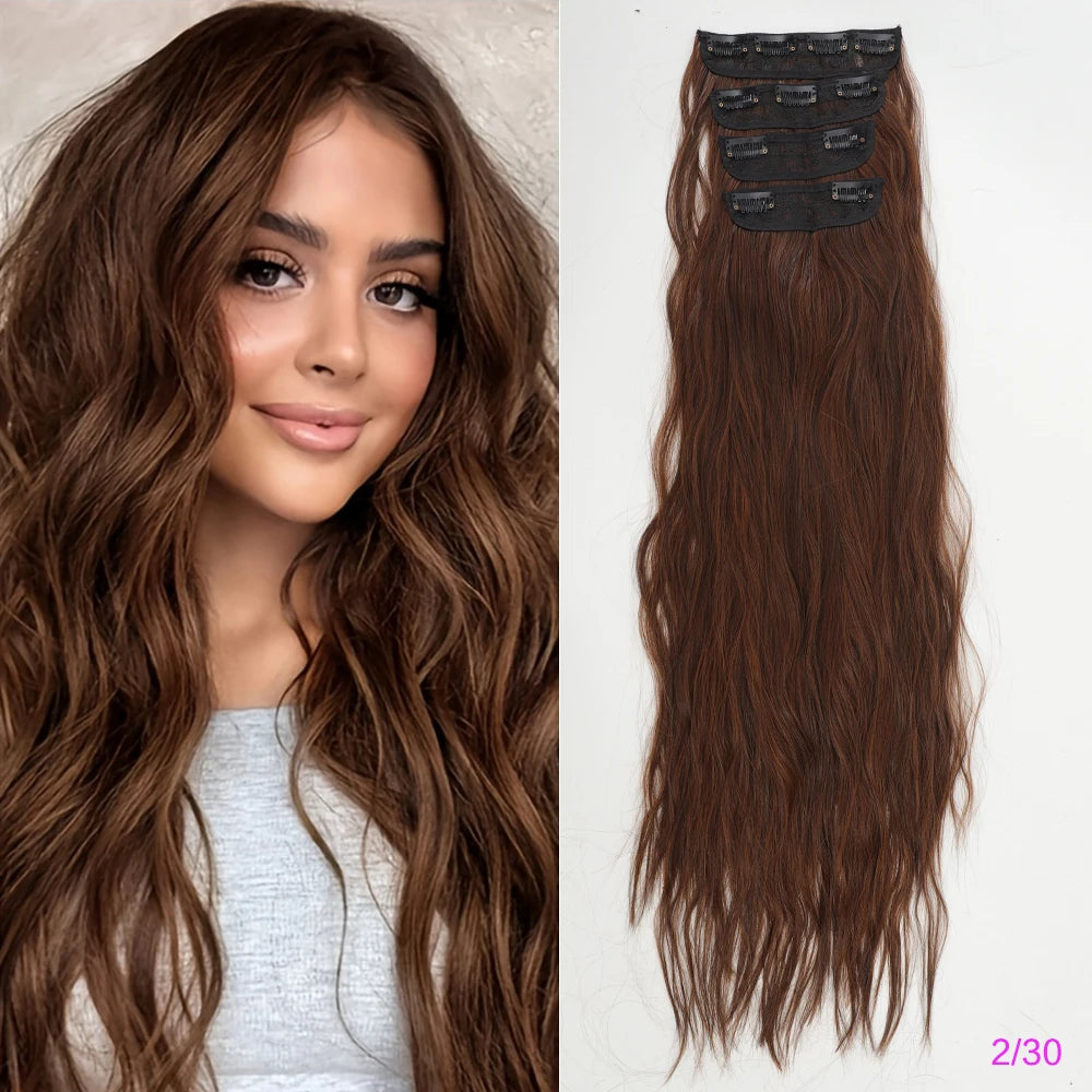 Set of 4 Clip-In Hair Extensions in a Brown-Blonde Shade, 60.96 cm Long, Featuring Wavy And Curly Synthetic Hair - Zenflow Active