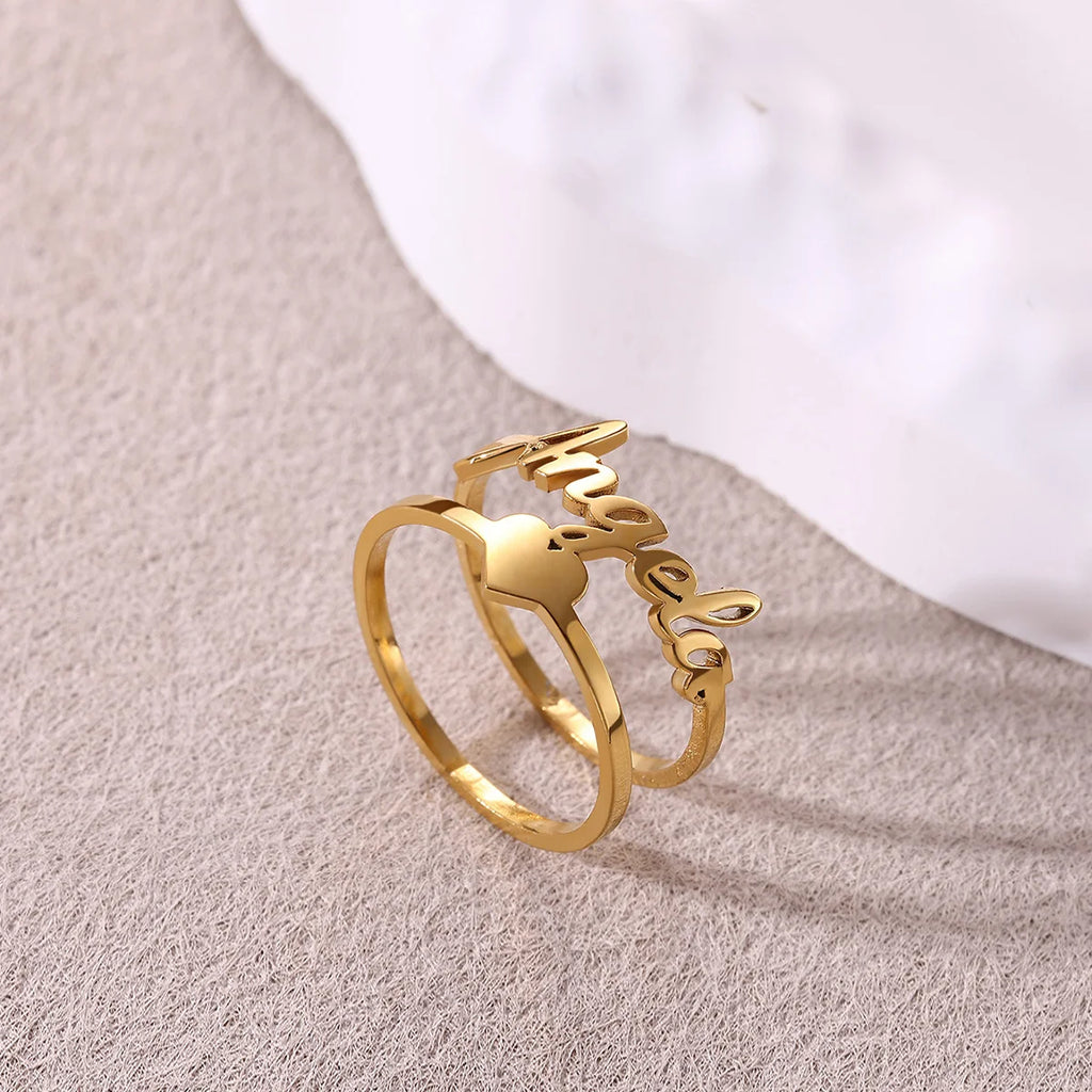 Custom Broad Surface Name Heart Rings Women Unisex Gold Colour Personalization 6-10 Size Wedding Bride Jewellery Stainless Steel - Zenflow Active