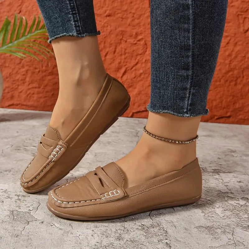 Women's PU Leather Slip-On Loafers — Round Toe, Flat Moccasin, Casual Everyday Shoe - Zenflow Active