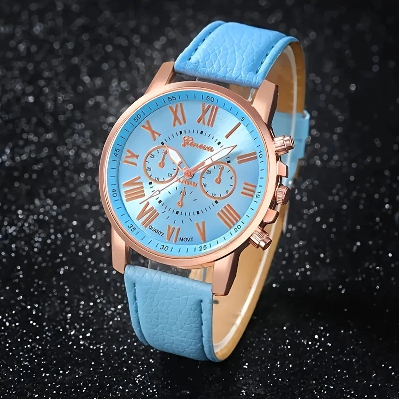 Fashion quartz watch and jewelry set, shock resistant circular analog digital display, PU leather strap, zinc alloy case - Zenflow Active