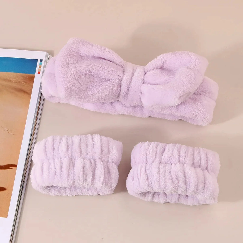 Bow Headband & Wristband Set | Soft Coral Fleece Hair Band for Washing, Yoga & Skincare - Zenflow Active