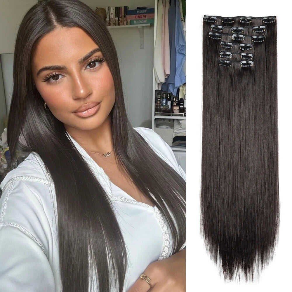 Hair Extensions 24"/60cm 6pcs/set Women Long Straight Synthetic Full Head Clip 16 Clips Ombre Heat Resistant Fiber Hair - Zenflow Active