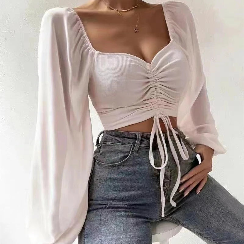 Chiffon Knit Puff Sleeve V-Neck Top Zenflow Active