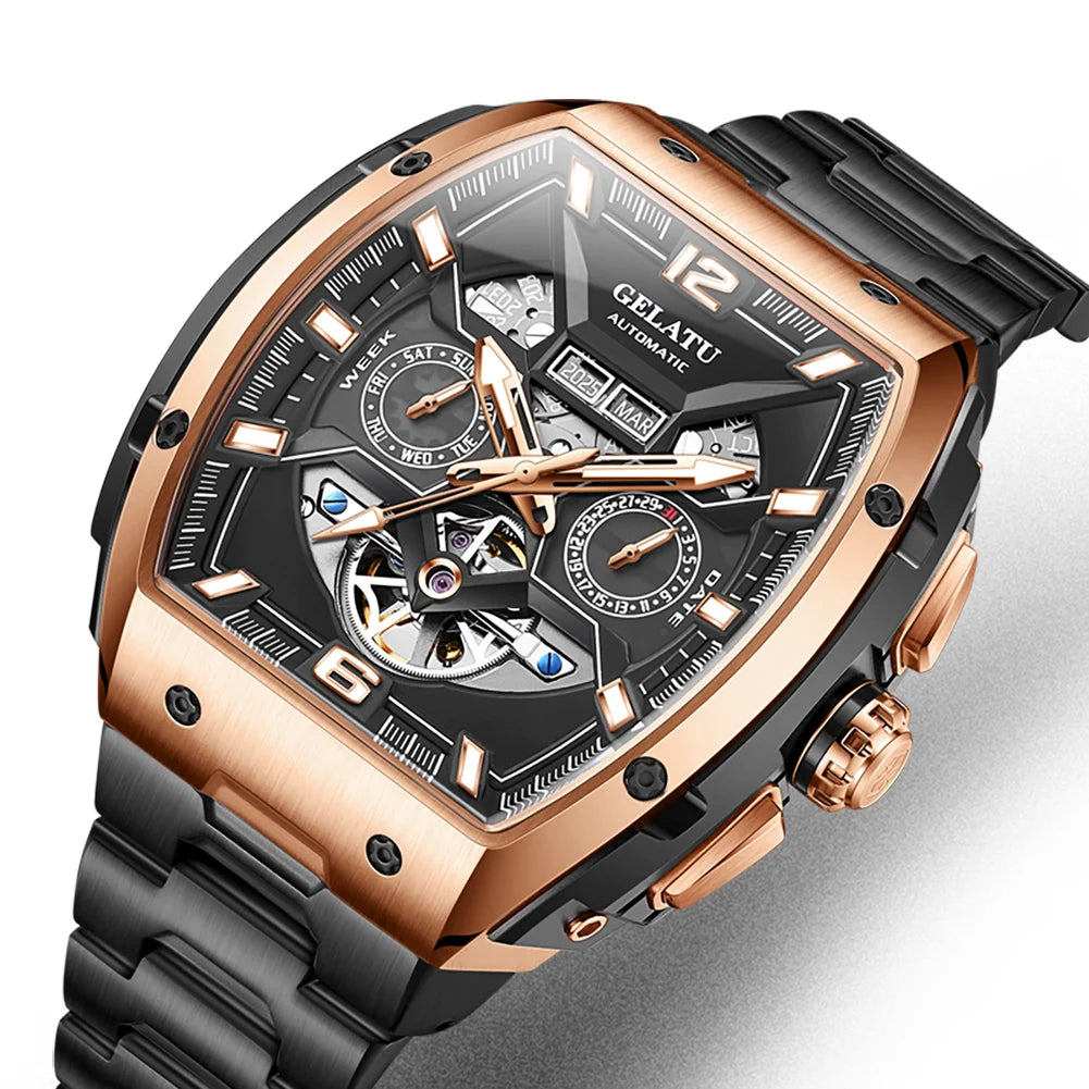 GELATU Top Brand Luxury Rose Black Skeleton Tourbillon Automatic Mechanical Watch for Men - Zenflow Active