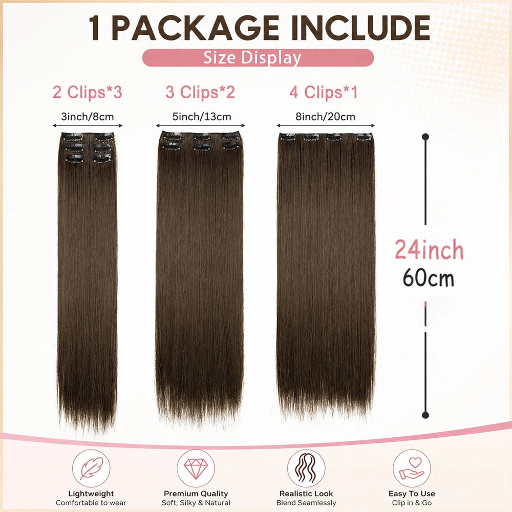 Hair Extensions 24"/60cm 6pcs/set Women Long Straight Synthetic Full Head Clip 16 Clips Ombre Heat Resistant Fiber Hair - Zenflow Active