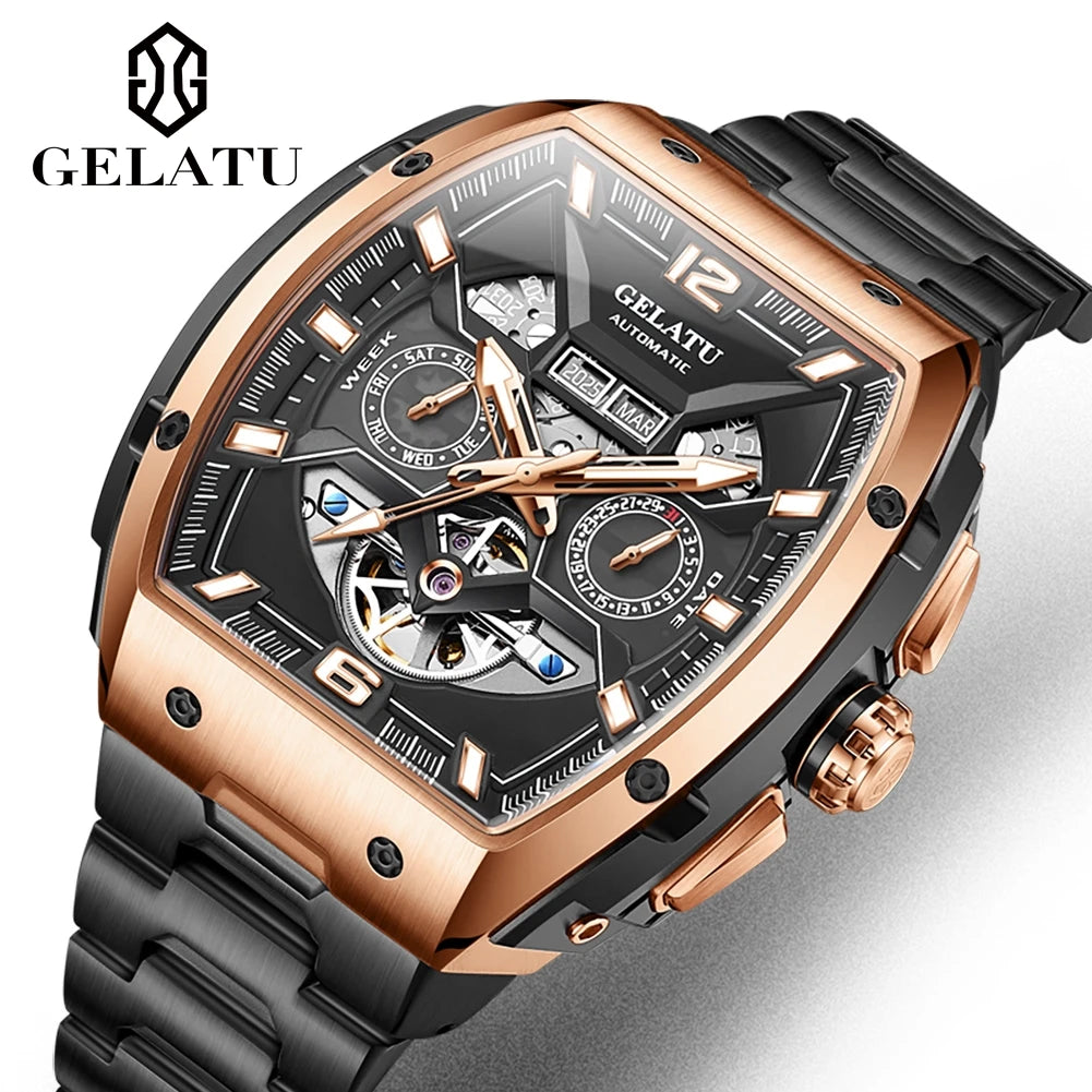 GELATU Top Brand Luxury Rose Black Skeleton Tourbillon Automatic Mechanical Watch for Men - Zenflow Active