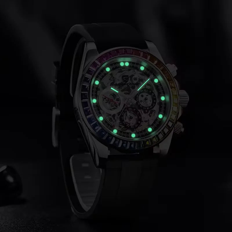 Pagani Design Gemstone Bezel Skeleton Automatic Watch | Sapphire Crystal | 100m Water Resistant - Zenflow Active