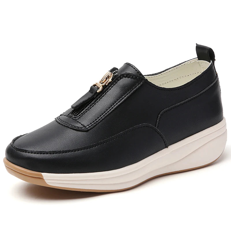 Women's Split Leather Loafer Flats — Zip Closure, Wedge Sole, Round Toe, Casual Everyday Shoe - Zenflow Active