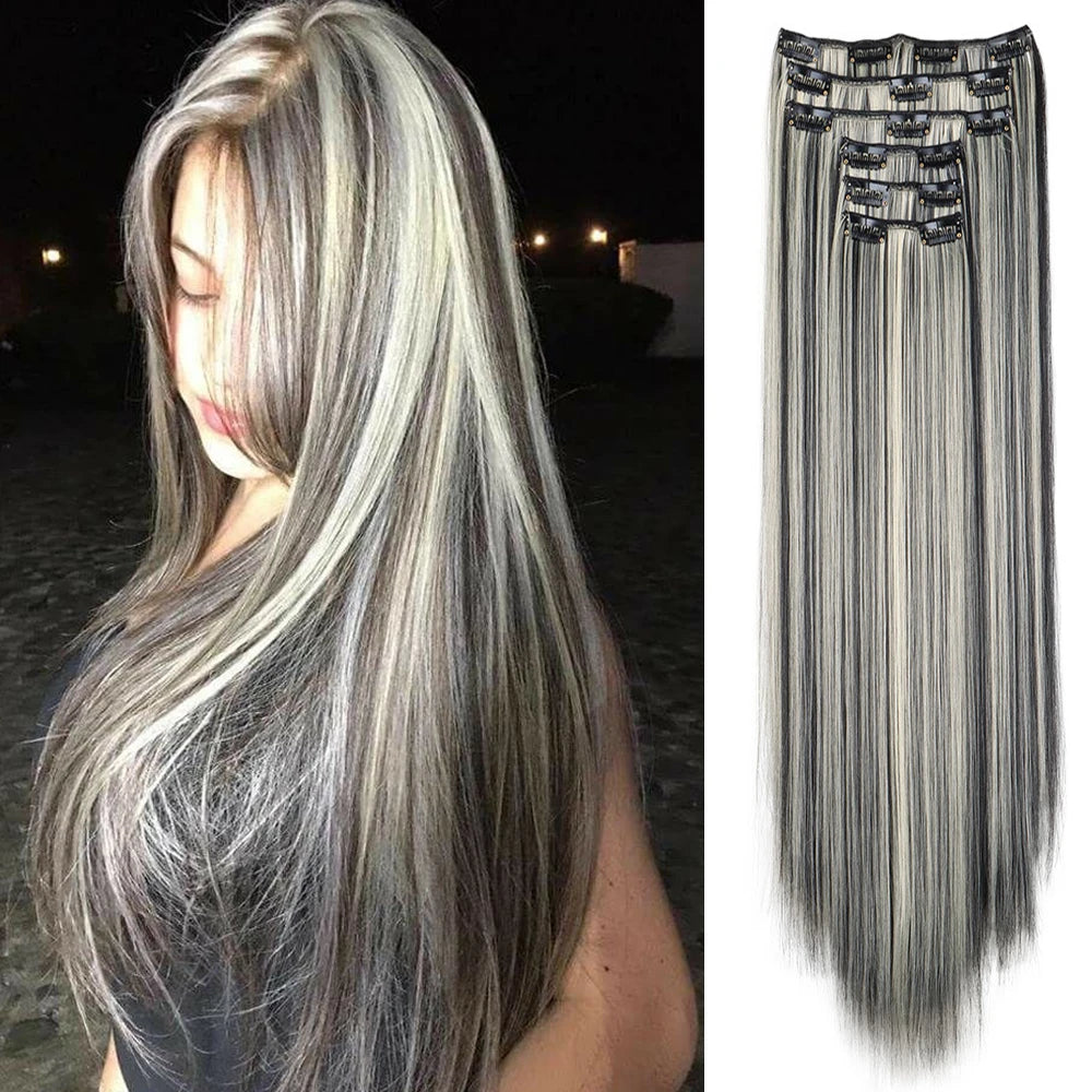 Hair Extensions 24"/60cm 6pcs/set Women Long Straight Synthetic Full Head Clip 16 Clips Ombre Heat Resistant Fiber Hair - Zenflow Active
