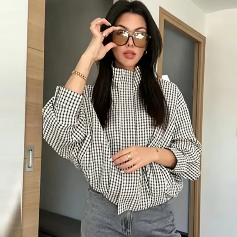 Women's Cropped Plaid Zip-Up Jacket