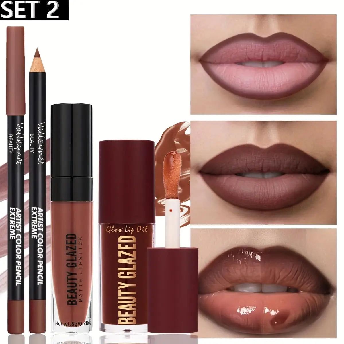 3pcs/Set Makeup Set: Matte Lip Liner + Lip Glaze + Moisturizing Lip Oil - Zenflow Active