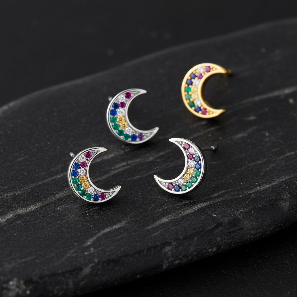 Modian New 925 Sterling Silver Colourful Crystal Moon Tiny Stud Earring for Women Luxury Ear Pin Fine Jewellery Student Accessories - Zenflow Active