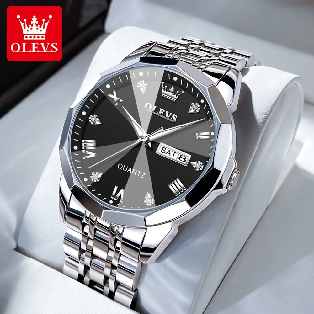 OLEVS 9931 Men's Quartz Watch — Rhombus Bezel, Roman Numeral, Date & Week, Luminous - Zenflow Active