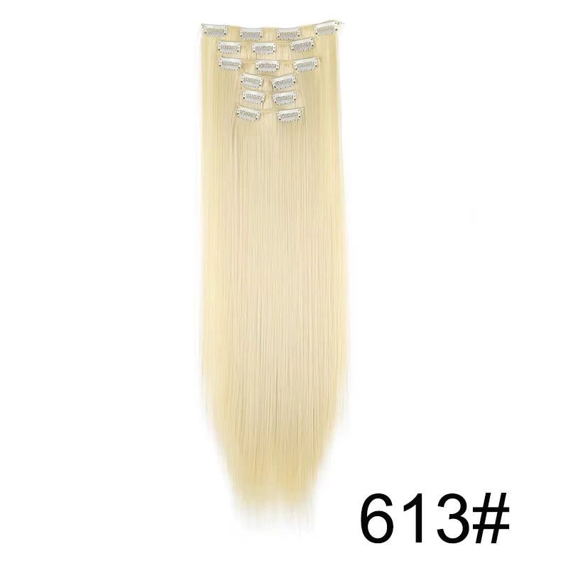 16 Clips in Hair Extensions 24Inchs Long Straight Hairstyle Synthetic Blonde Black Hairpieces Heat Resistant Fake Hair 6Pcs/Set - Zenflow Active