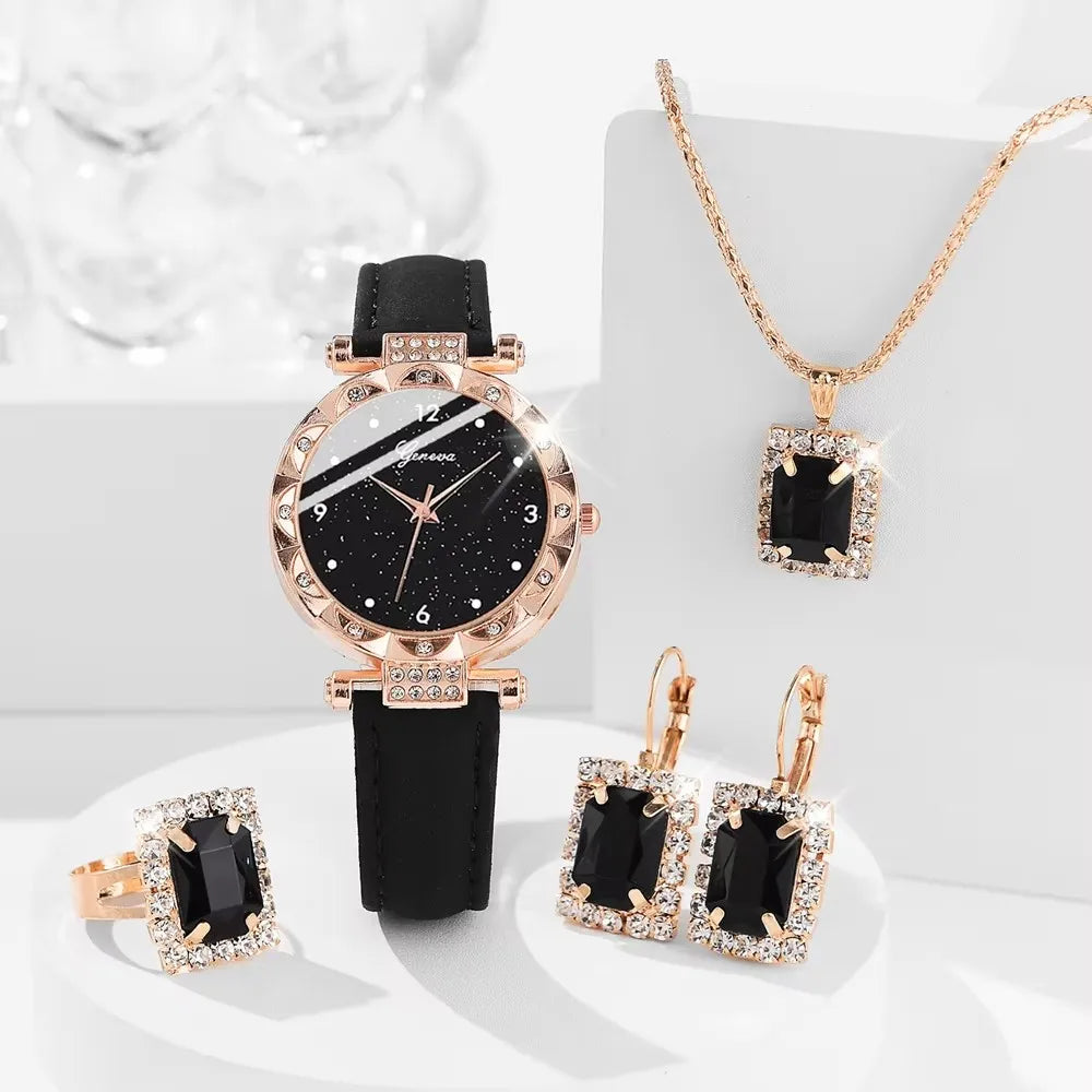 Womens Watches 5Pcs Set Luxury Rhinestone Women Fashion Elegant Wristwatch Quartz Watch For Girl WristWatch Bracelet Gift - Zenflow Active