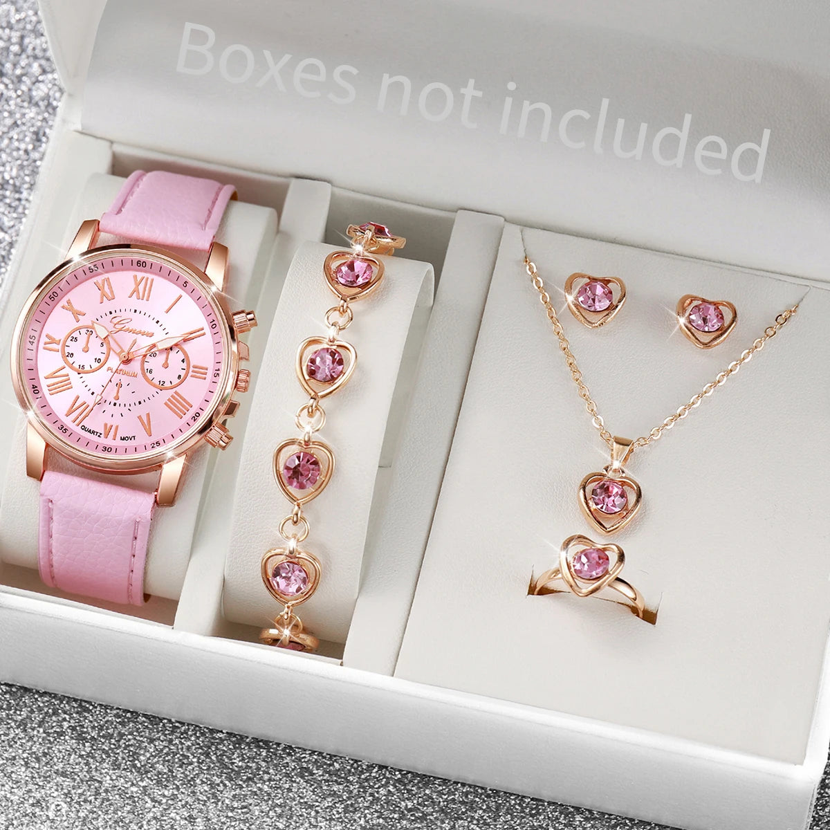5/6PCS Fashion Women's Quartz Watch Leather Band Analog Wrist Watches Heart Rhinestone Jewelry Set(Without Box) - Zenflow Active