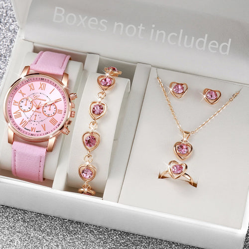 5/6PCS Fashion Women's Quartz Watch Leather Band Analog Wrist Watches Heart Rhinestone Jewelry Set(Without Box) - Zenflow Active