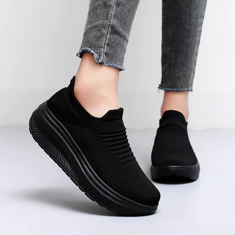 Women's Air Mesh Platform Slip-On Sneakers — Breathable, Mid Heel, Casual Loafer Style - Zenflow Active
