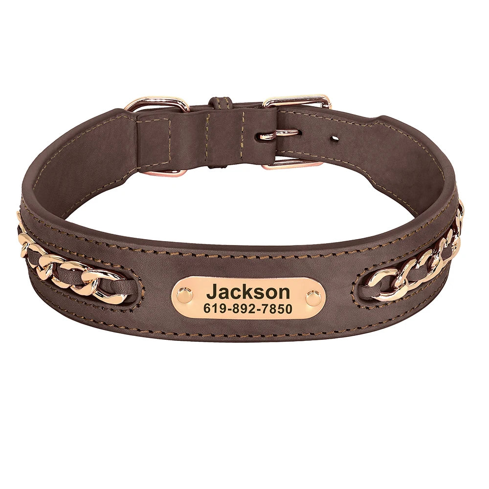 Personalised Leather Dog Collar | Custom Engraved Name & ID with Chain Accessories - Zenflow Active