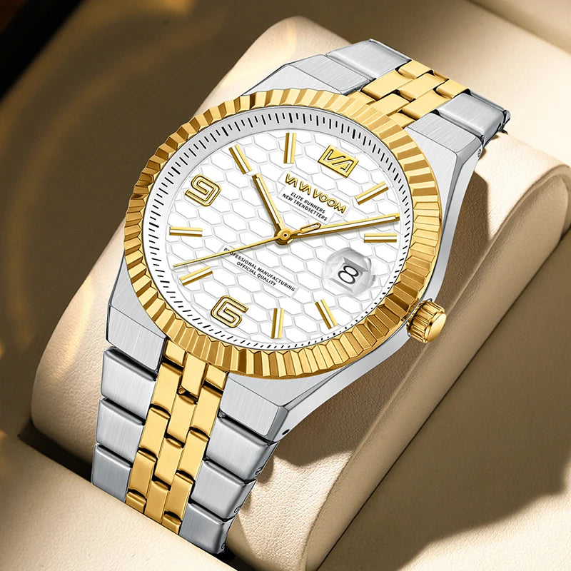 Men's Honeycomb Dial Quartz Watch — Luminous, Date Display, Stainless Steel, Waterproof - Zenflow Active