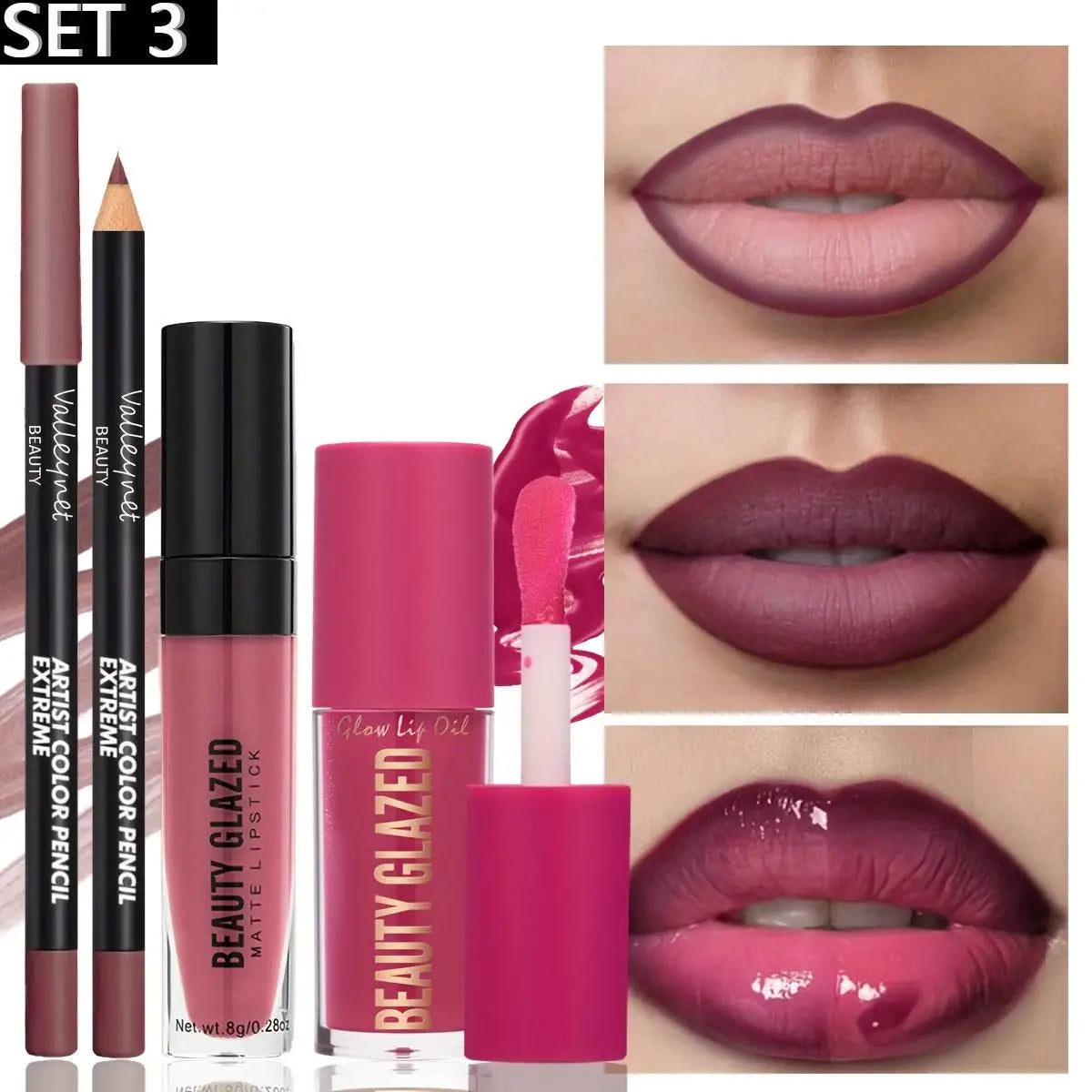 3pcs/Set Makeup Set: Matte Lip Liner + Lip Glaze + Moisturizing Lip Oil - Zenflow Active