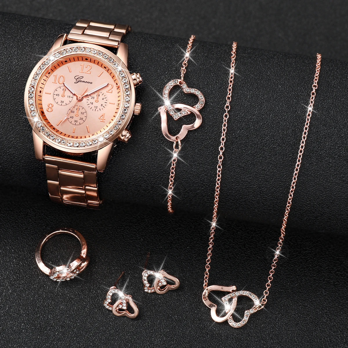 6PCS/Set Women's Watch Fashion Rhinestone Stainless Steel Band Quartz Watch Jewelry Set Reloj Mujer (Without Box) - Zenflow Active