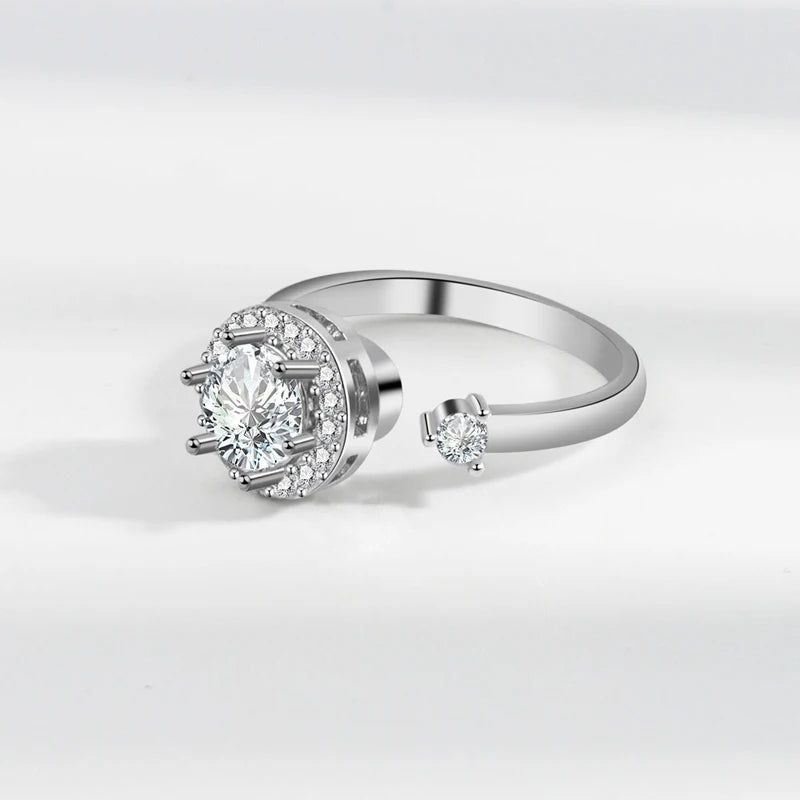 New 925 Silver Rotatable Round AAA Zircon Adjustable Rings Women Fine Jewelry Gift Fashion Rhinestone Circle Open Finger Ring - Zenflow Active
