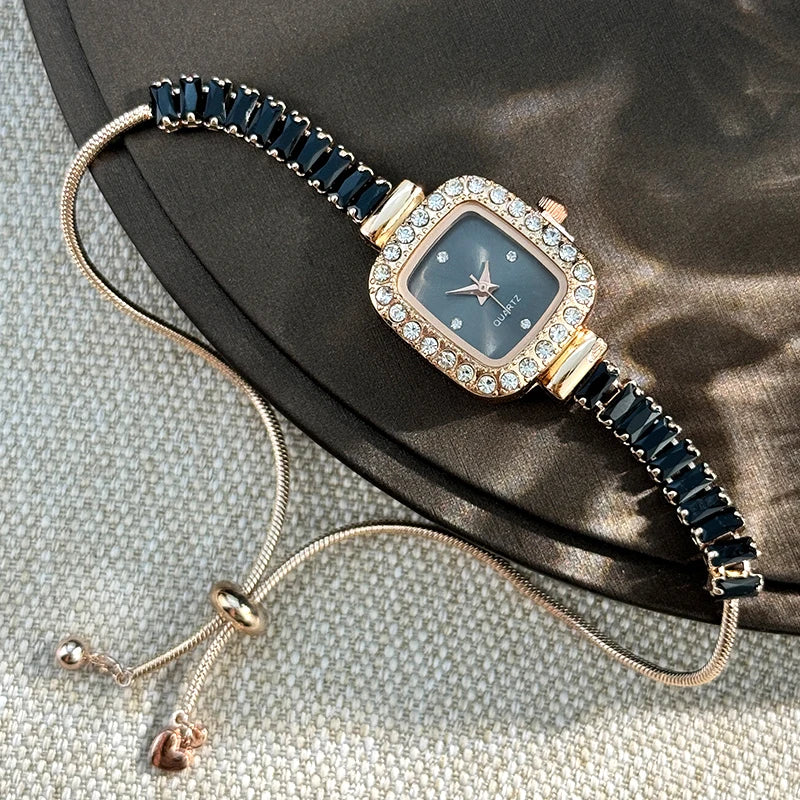 women's inlaid zircon flexible pull out bracelet with diamond square alloy case rhinestone scale simple dial quartz watch - Zenflow Active