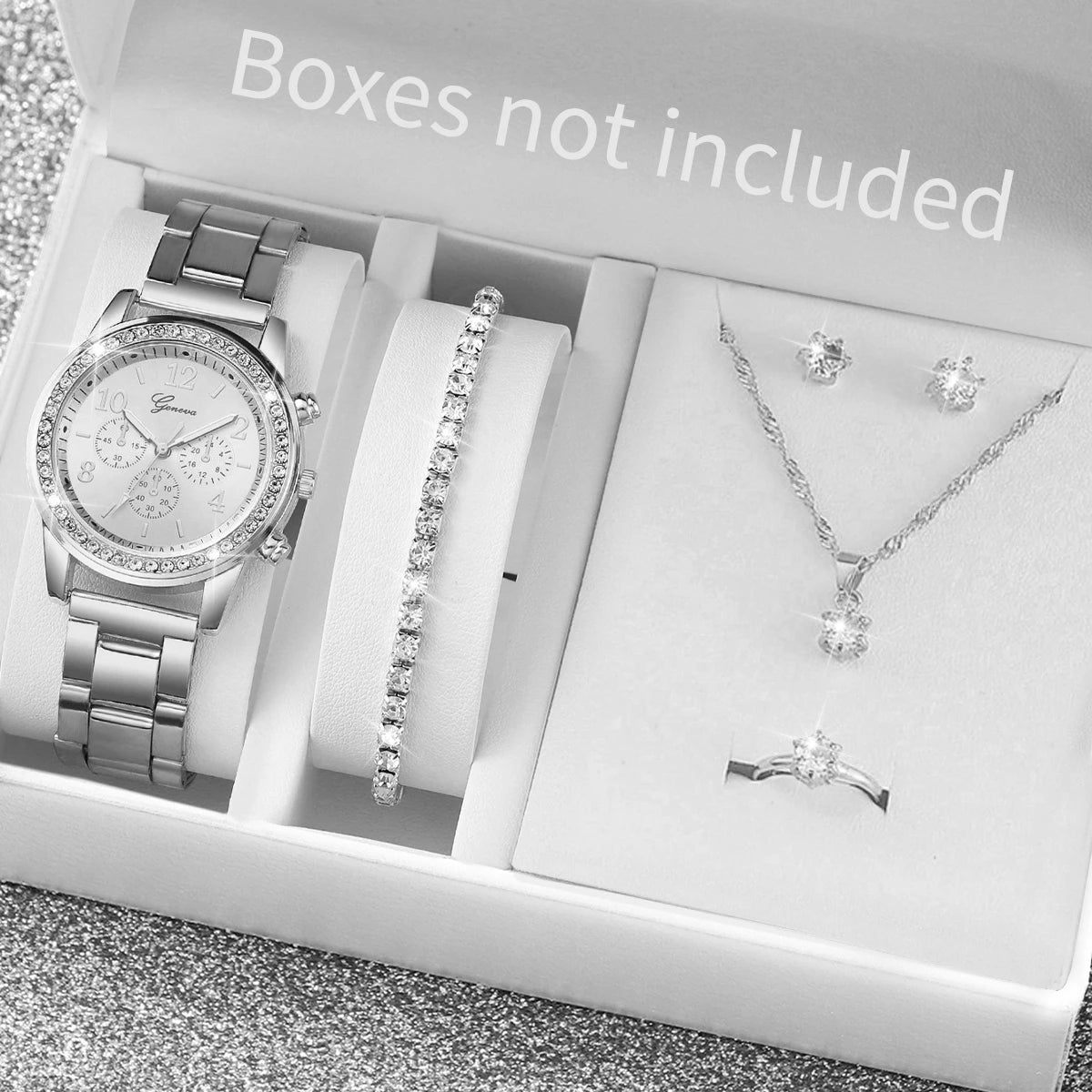 6PCS/Set Women's Watch Fashion Rhinestone Stainless Steel Band Quartz Watch Jewelry Set Reloj Mujer (Without Box) - Zenflow Active