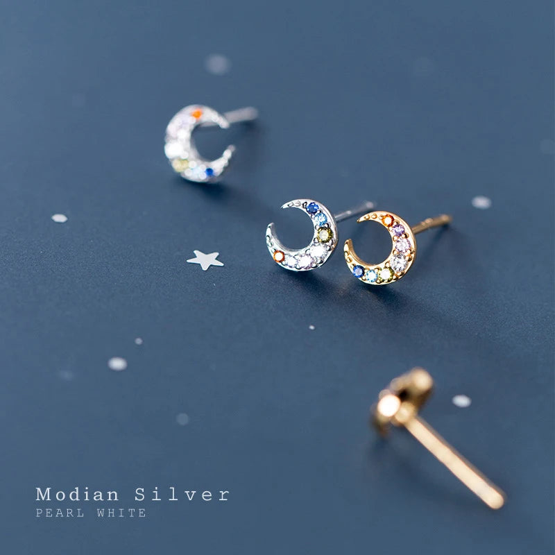 Modian New 925 Sterling Silver Colourful Crystal Moon Tiny Stud Earring for Women Luxury Ear Pin Fine Jewellery Student Accessories - Zenflow Active