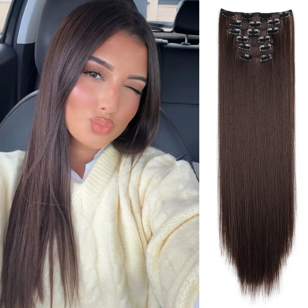 Hair Extensions 24"/60cm 6pcs/set Women Long Straight Synthetic Full Head Clip 16 Clips Ombre Heat Resistant Fiber Hair - Zenflow Active