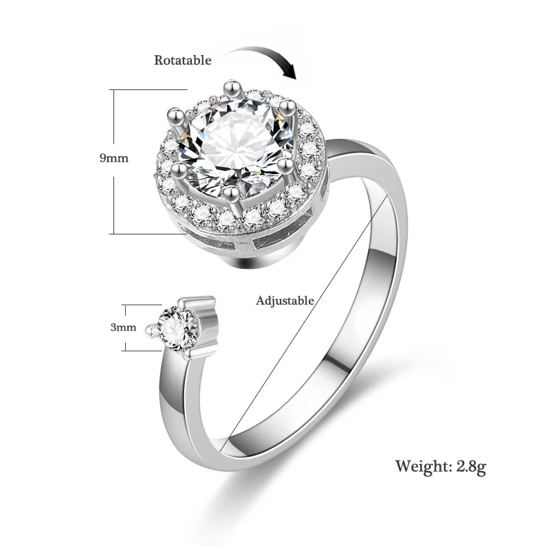 New 925 Silver Rotatable Round AAA Zircon Adjustable Rings Women Fine Jewelry Gift Fashion Rhinestone Circle Open Finger Ring - Zenflow Active