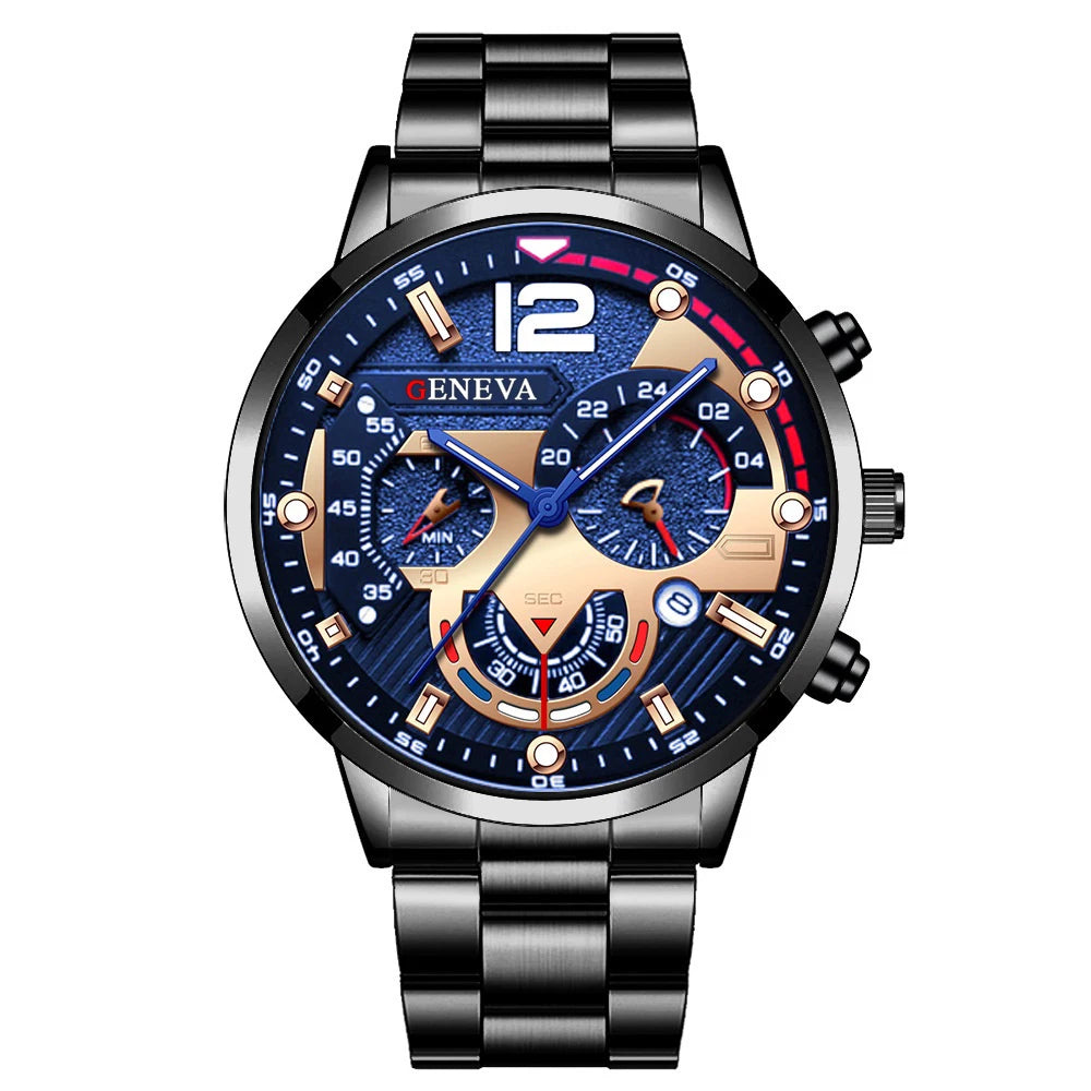 Men's Watch Stainless Steel Band Analog Quartz Wristwatch with Calendar - Zenflow Active