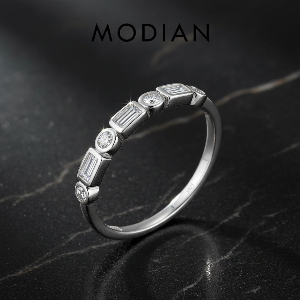 MODIAN 925 Sterling Silver Fashion Round Rectangle Dazzling Clear CZ Band Ring For Fine Jewellery - Zenflow Active
