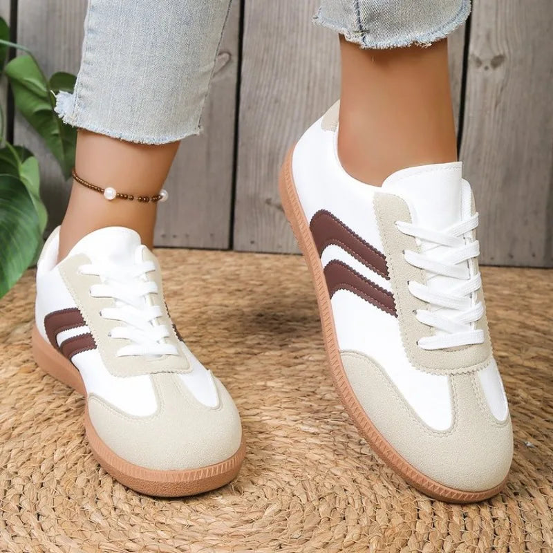 Women's PU Lace-Up Flat Sports Shoes — Soft Sole, Round Toe, Rubber Outsole, Casual - Zenflow Active