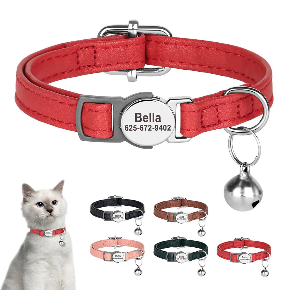 Personalised Cat Collar | PU Leather with Engraved ID Nameplate & Bell - Zenflow Active