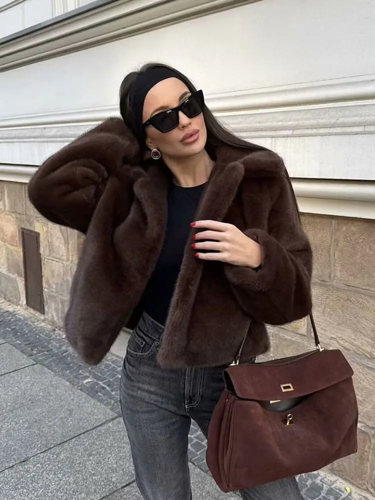 Women's Brown Cropped Faux Fur Jacket