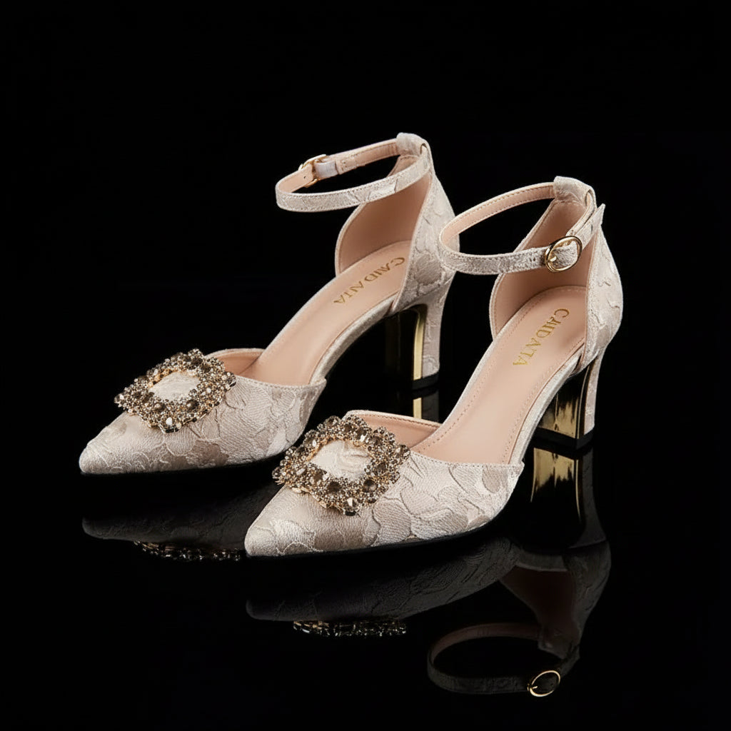 Women's Crystal Buckle Strap Heeled Sandals — Square Heel, Pointed Toe, Party & Wedding - Zenflow Active