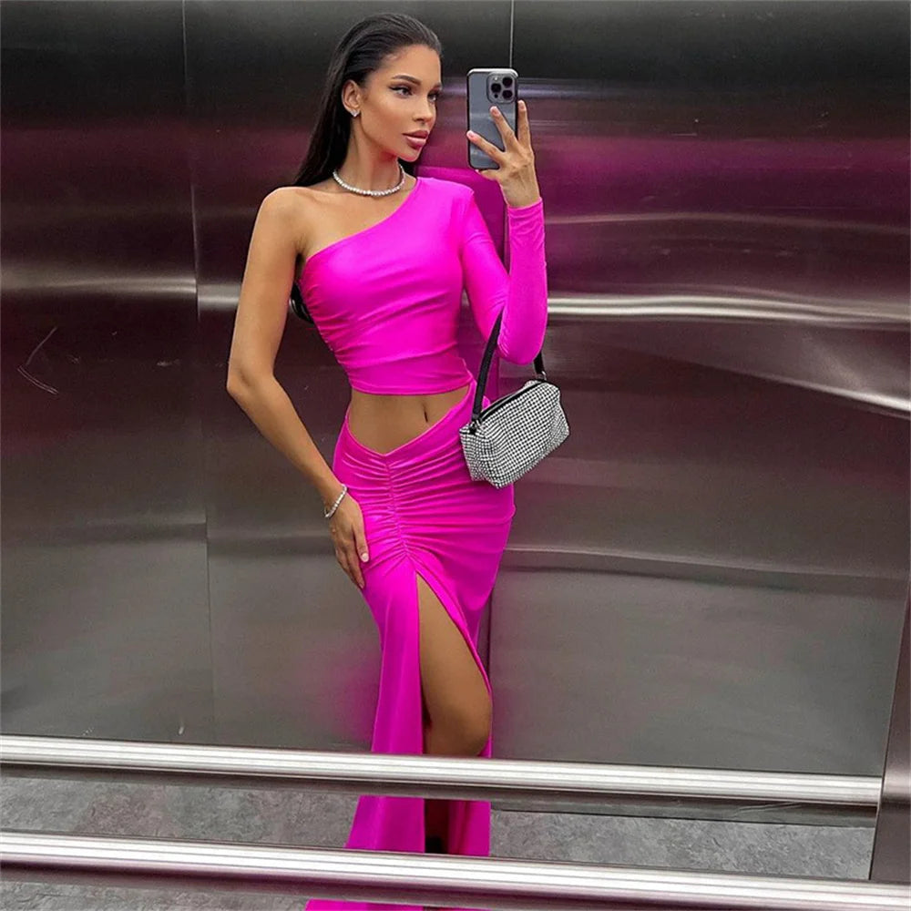 Women's One-Shoulder Ruched Split Maxi Dress Zenflow Active
