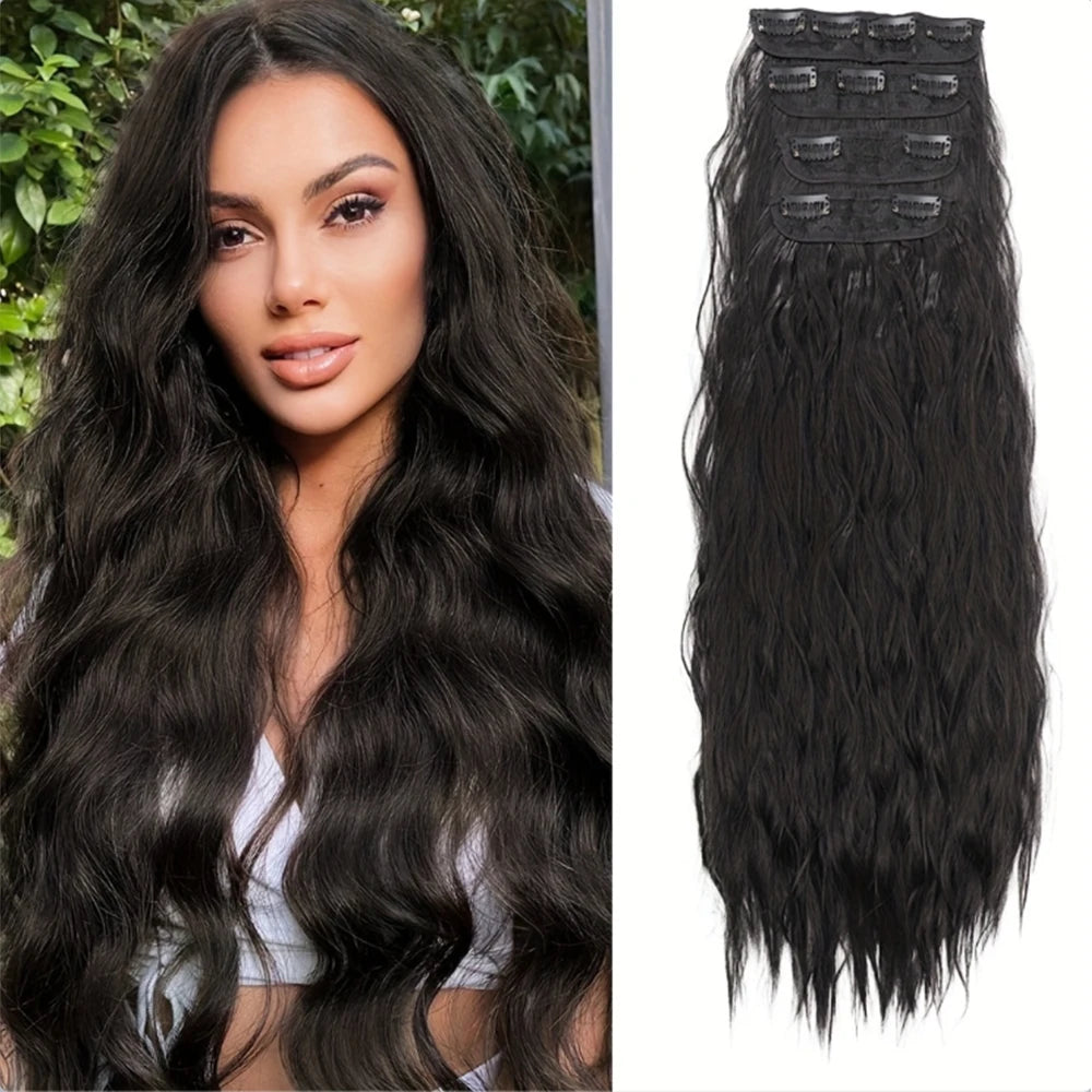 Set of 4 Clip-In Hair Extensions in a Brown-Blonde Shade, 60.96 cm Long, Featuring Wavy And Curly Synthetic Hair - Zenflow Active