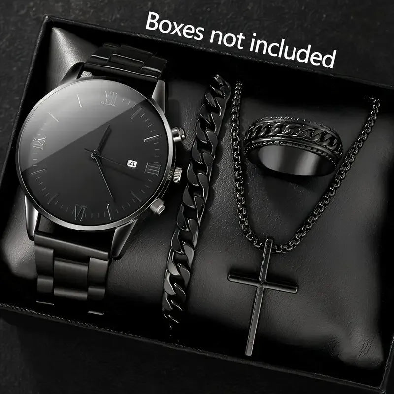 4-piece/set men's black minimalist quartz watch set with bracelet, necklace, and ring - Zenflow Active
