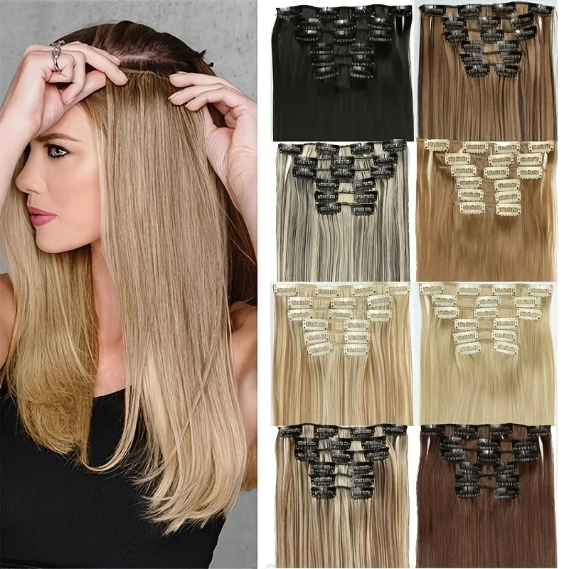 16 Clips in Hair Extensions 24Inchs Long Straight Hairstyle Synthetic Blonde Black Hairpieces Heat Resistant Fake Hair 6Pcs/Set - Zenflow Active